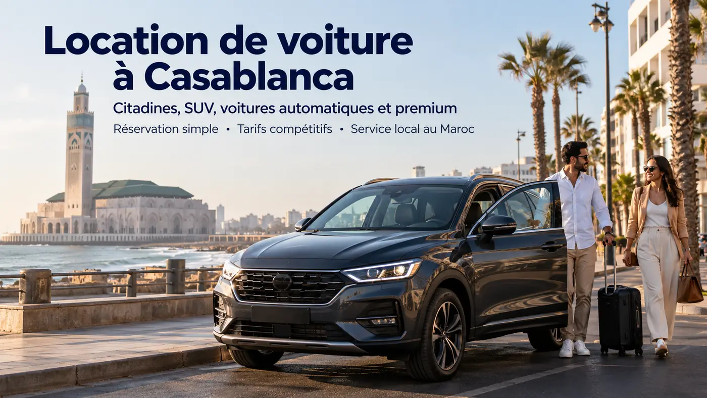 Location de voiture à Casablanca avec SUV sur la Corniche et vue sur la mosquée Hassan II